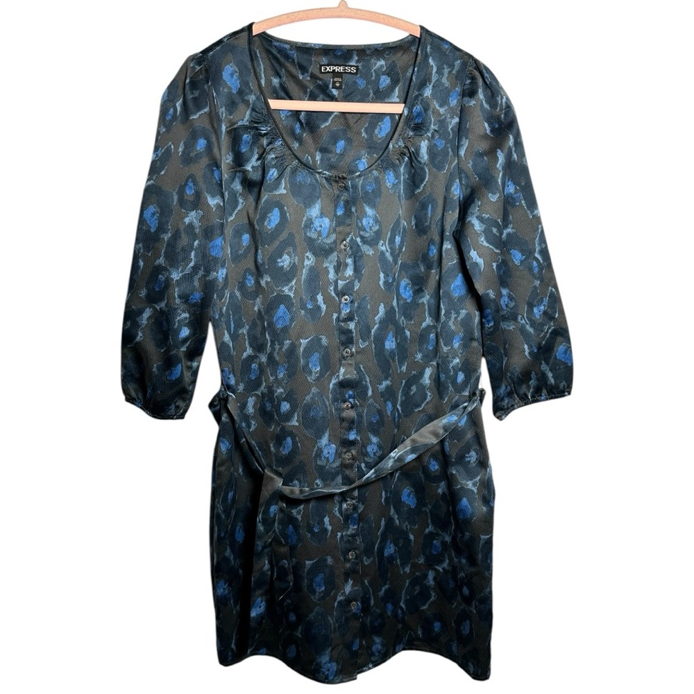 EXPRESS satin leopard print button up dress in brown, blue & black XS EUC